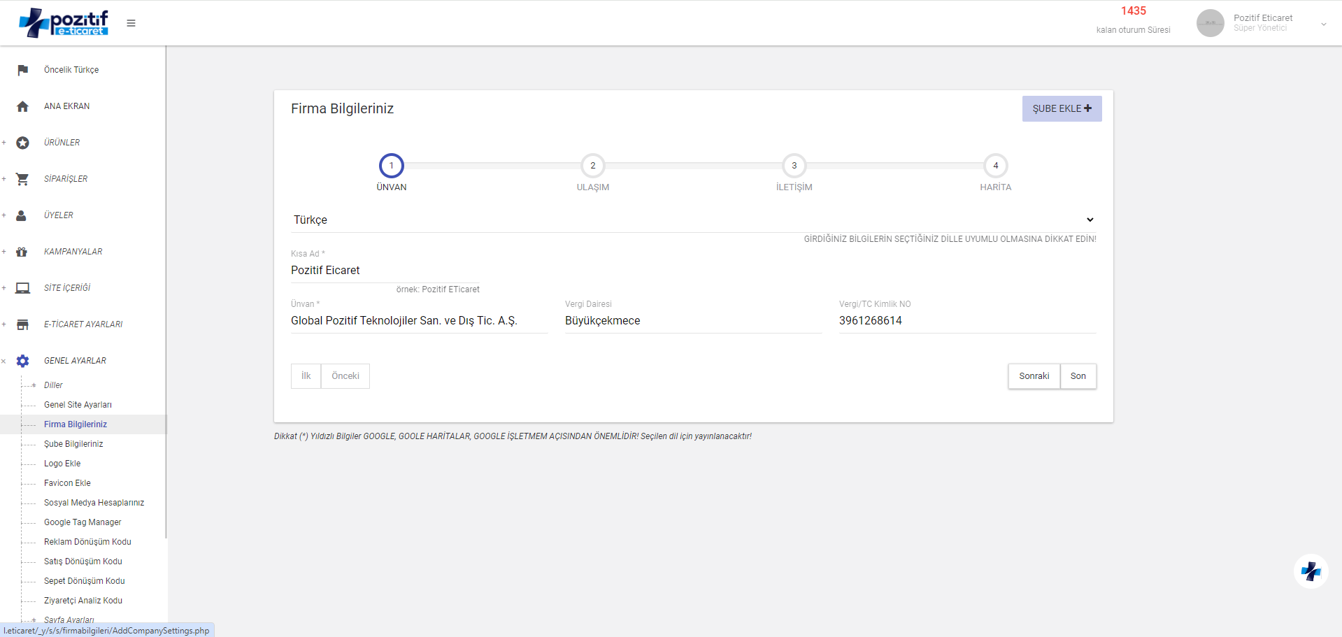 Firma Bilgileri Ekleme / Düzenleme