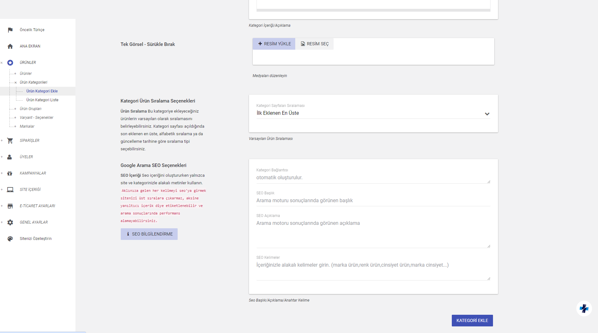Ürün Kategori Ekleme Rehberi